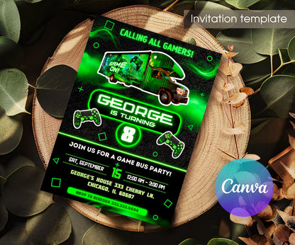 Video Game Bus Gamer customizable invitation template | Share or Print | boy | NM584