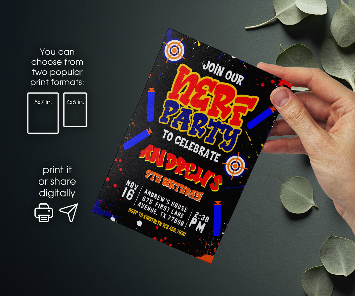 NERF Dart Wars customizable invitation template | Share or Print | boy | QA401