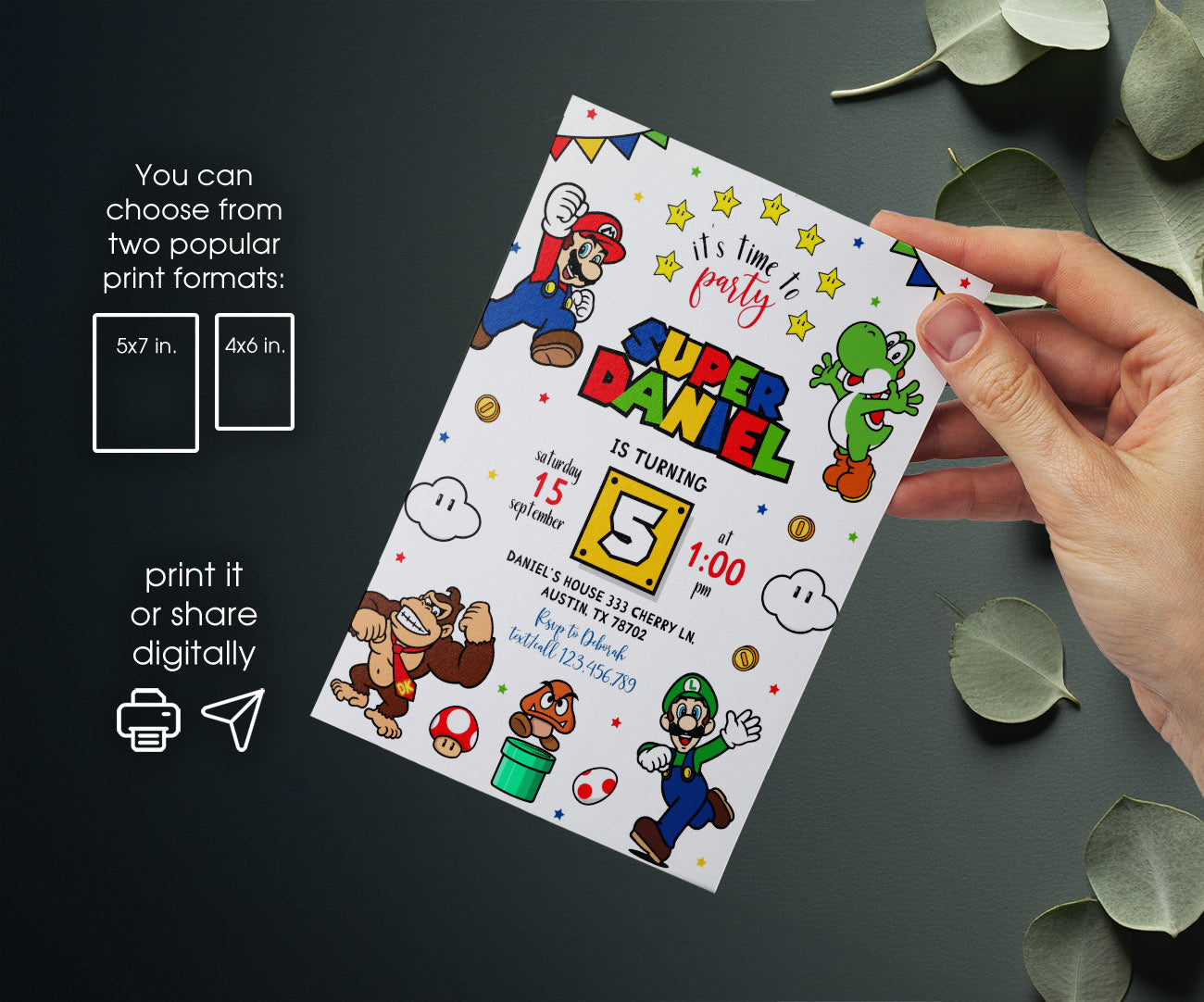 Super Mario Bros customizable invitation template | Share or Print | FW932