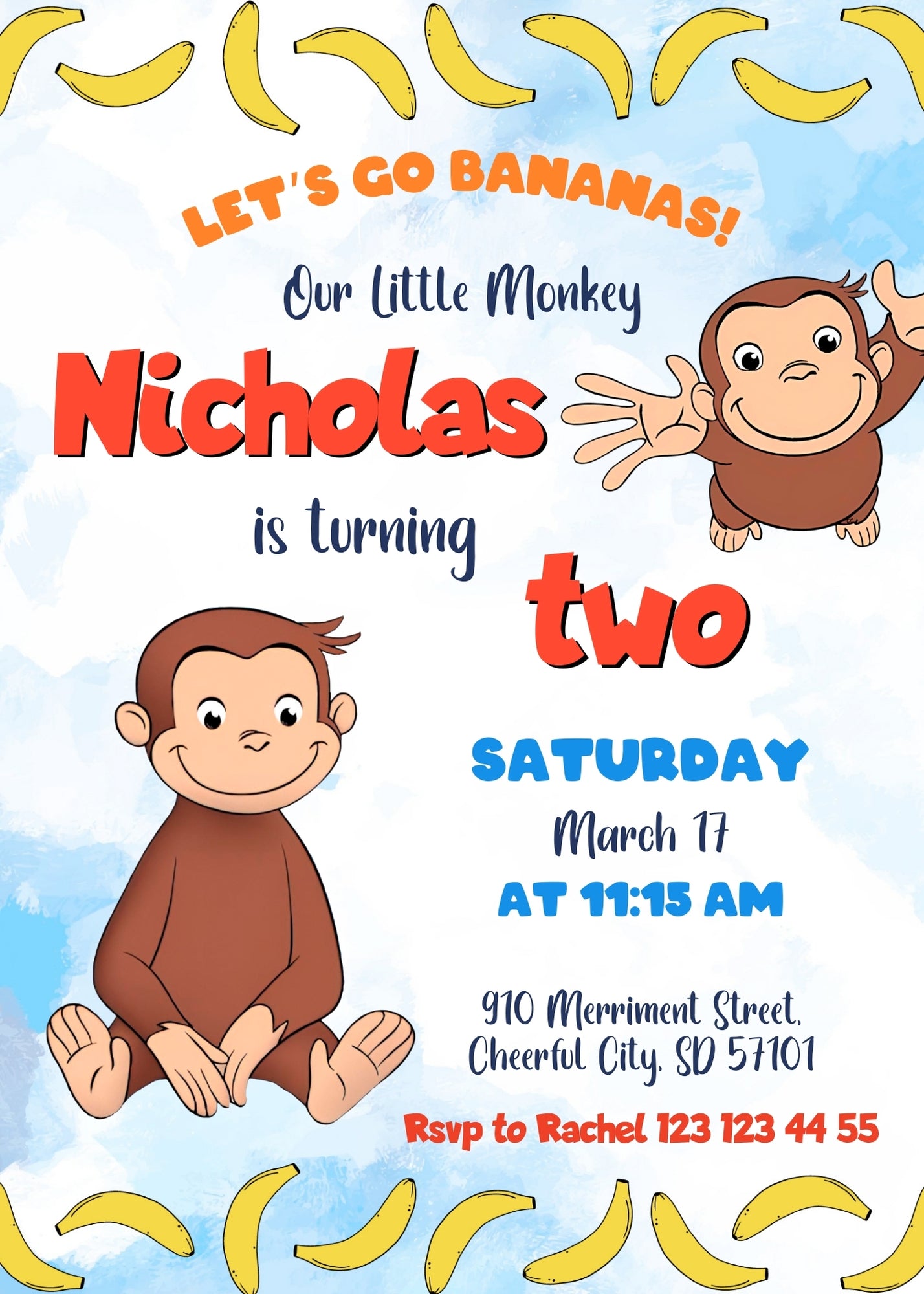 Curious George Monkey customizable invitation template | Share or Print | OS704