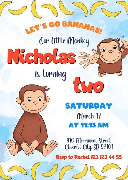 Curious George Monkey customizable invitation template | Share or Print | OS704