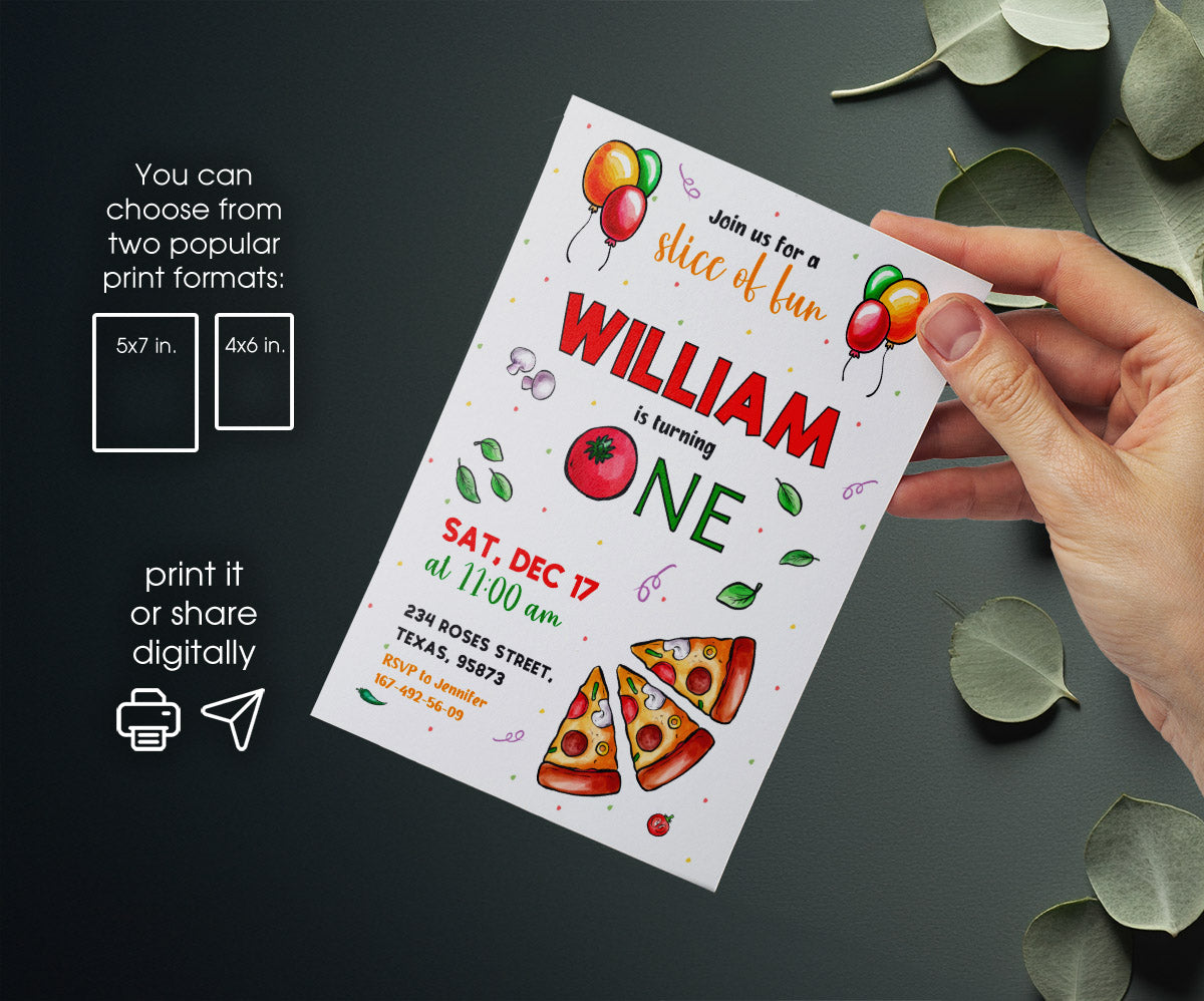 Pizza 1st Party customizable invitation template | Share or Print | RG261