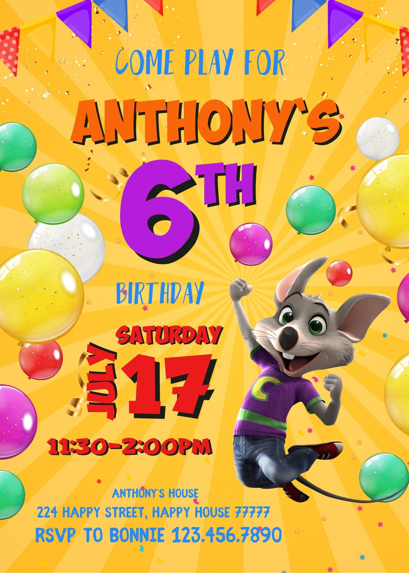 Chuck E. Cheese customizable invitation template | Share or Print | RS533