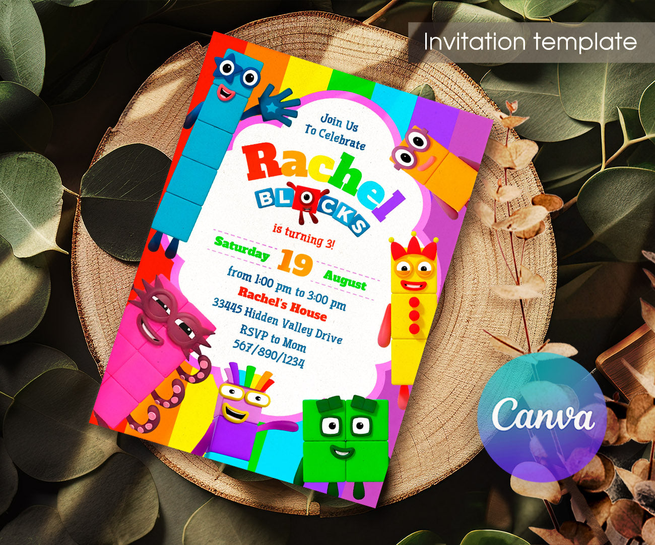 Numberblocks customizable invitation template | Share or Print | PA519