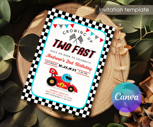 Race Car 2nd Bday Watercolor customizable invitation template | Share or Print | boy | EC907