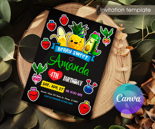 Hey Bear Sensory Dancing Fruits customizable invitation template | Share or Print | EB185