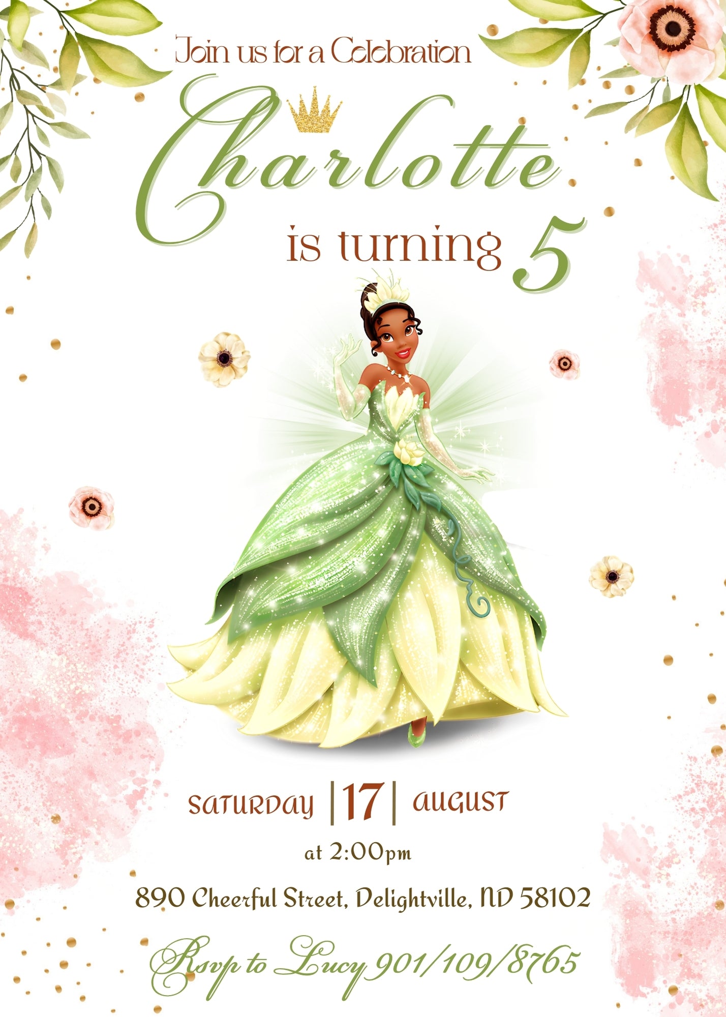 Tiana Frog Princess customizable invitation template | Share or Print | girl | SR448