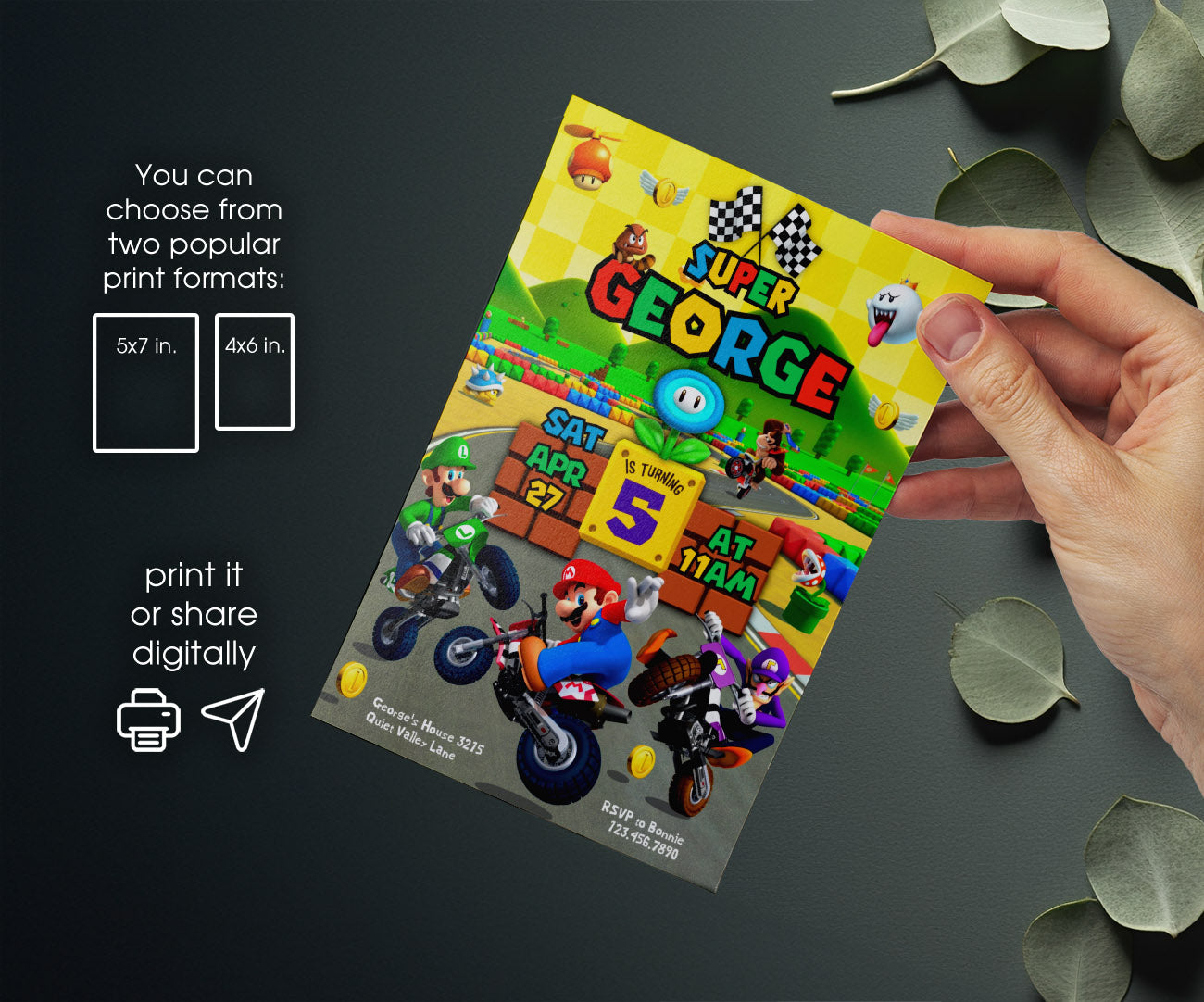Super Mario Bros Motorcycle customizable invitation template | Share or Print | ED395