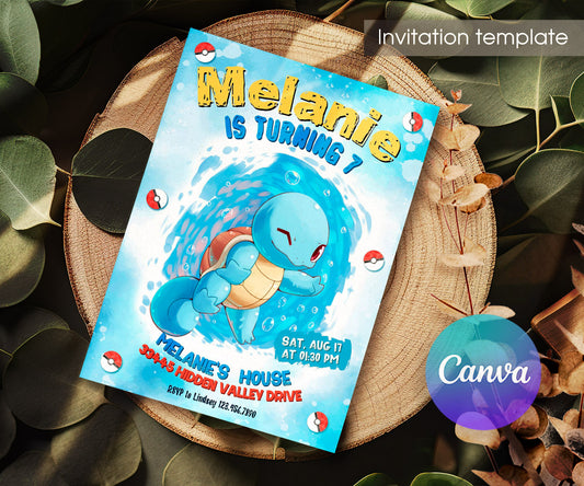 Squirtle Pokemon Anime customizable invitation template | Share or Print | XJ683
