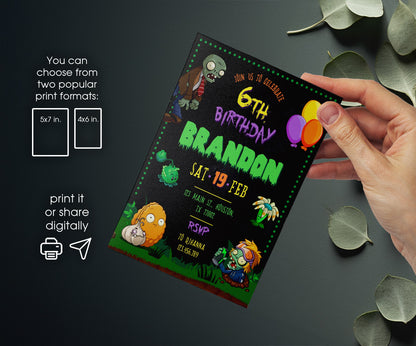 Plants vs Zombies Gamer customizable invitation template | Share or Print | VR348