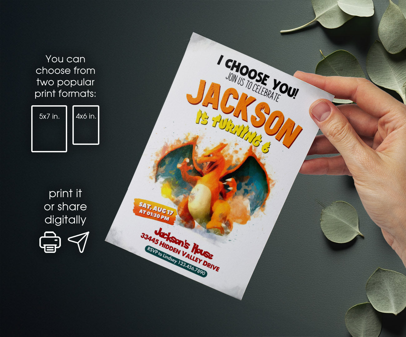 Charizard Pokemon Anime customizable invitation template | Share or Print | IZ630