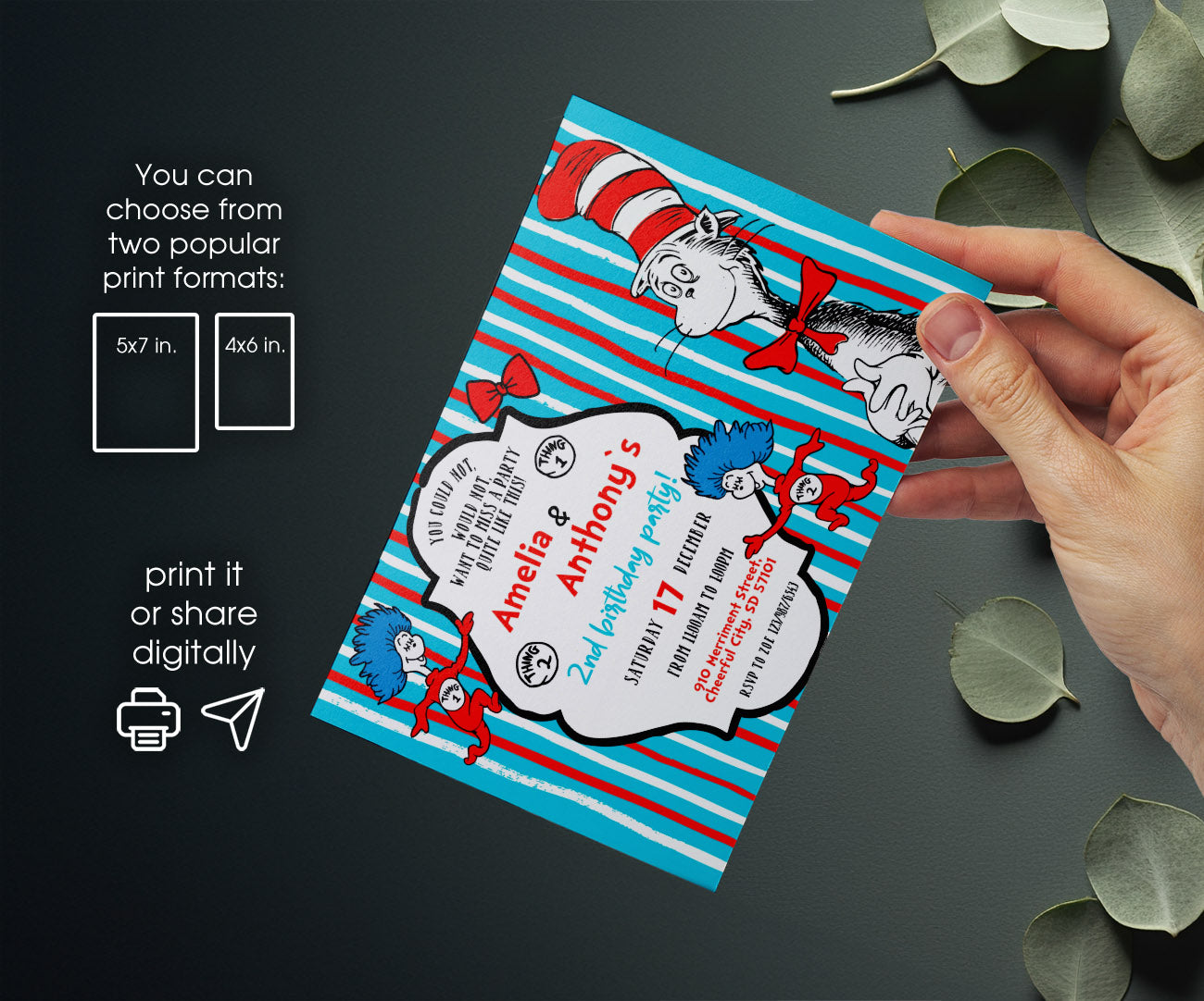 Dr Seuss The Cat in the Hat Twins customizable invitation template | Share or Print | KY860