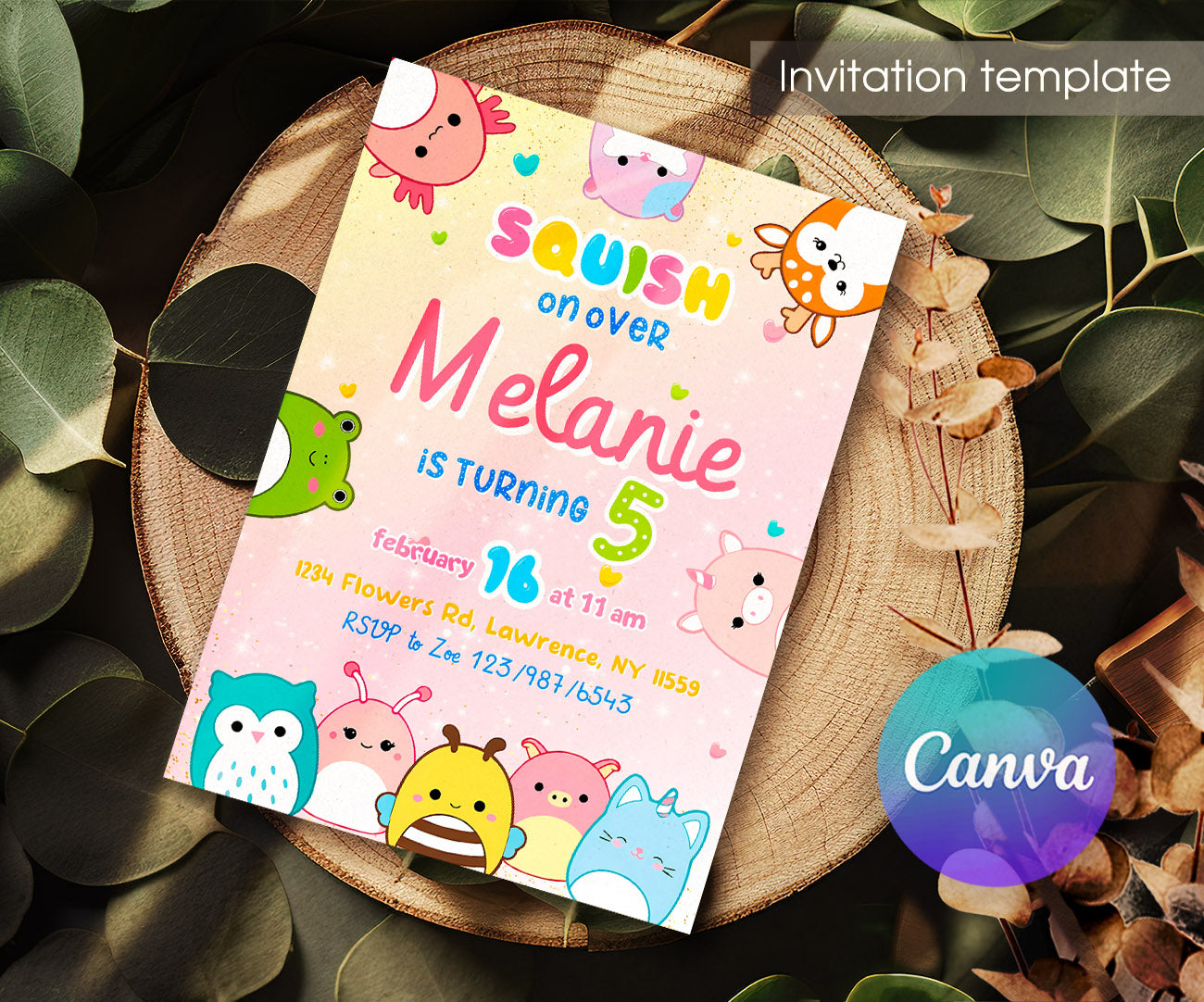 Squishmallows customizable invitation template | Share or Print | NI010