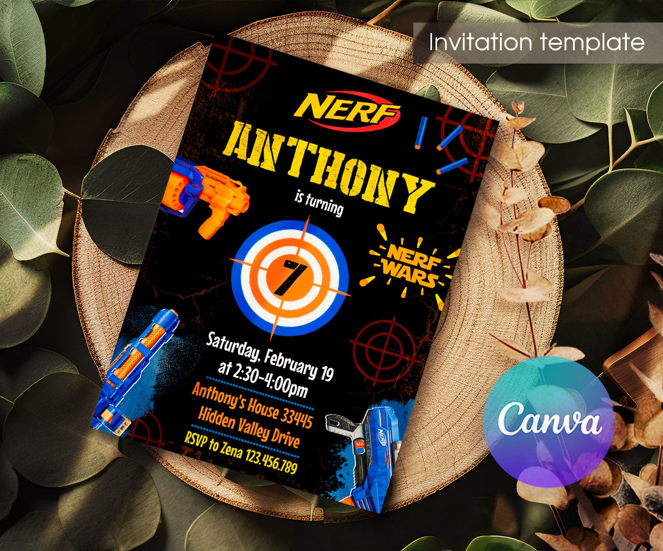 NERF Dart Wars customizable invitation template | Share or Print | boy | KG627