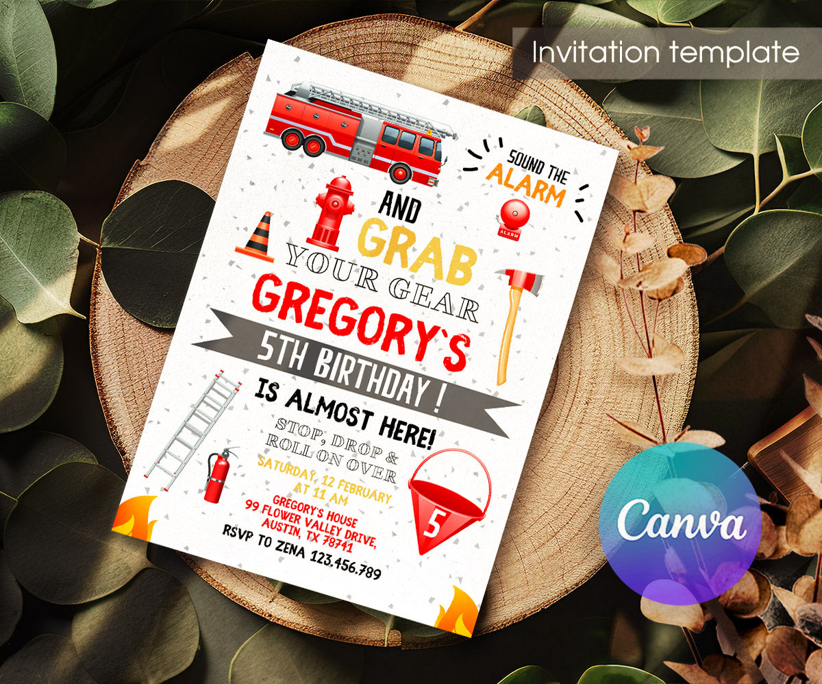 Firetruck Firefighter Fire Truck customizable invitation template | Share or Print | boy | ND058