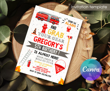 Firetruck Firefighter Fire Truck customizable invitation template | Share or Print | boy | ND058