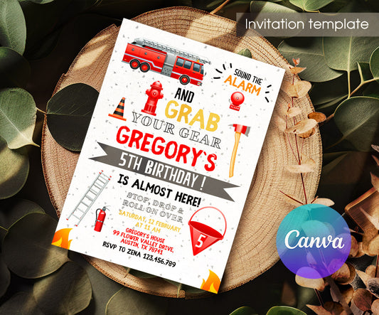 Firetruck Firefighter Fire Truck customizable invitation template | Share or Print | boy | ND058