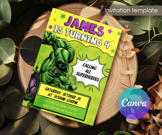 Hulk The Avengers Marvel Superhero customizable invitation template | Share or Print | boy | FA630