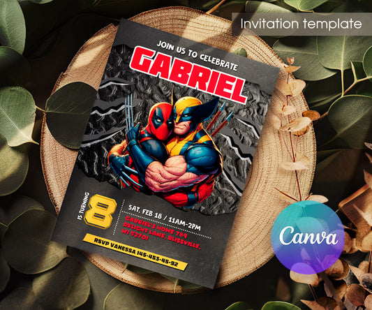 Deadpool Wolverine Marvel customizable invitation template | Share or Print | boy | UX788