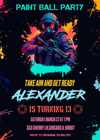 Paintball Airsoft battle customizable invitation template | Share or Print | boy | QK224