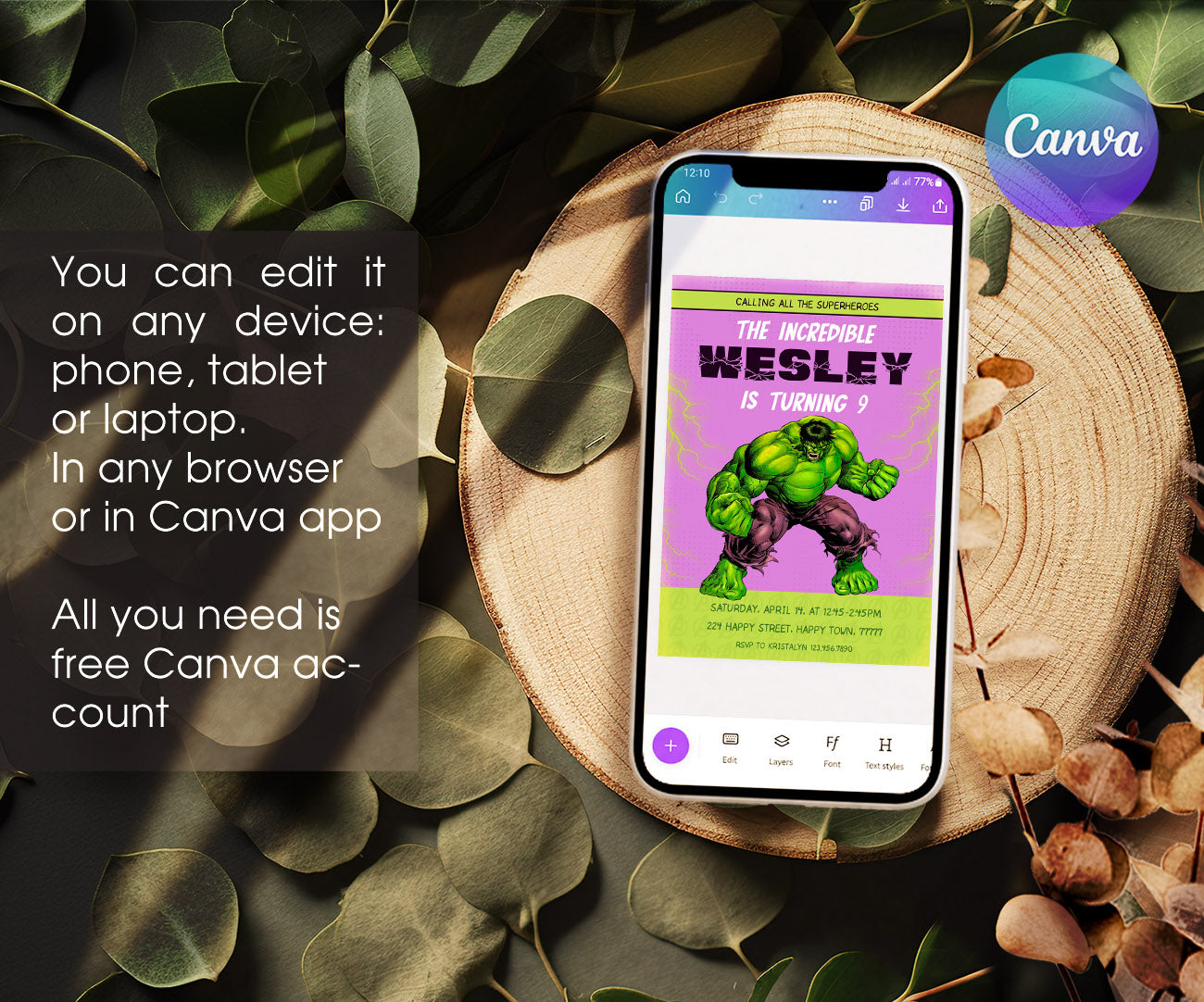 Hulk The Avengers Marvel Superhero customizable invitation template | Share or Print | boy | RD398