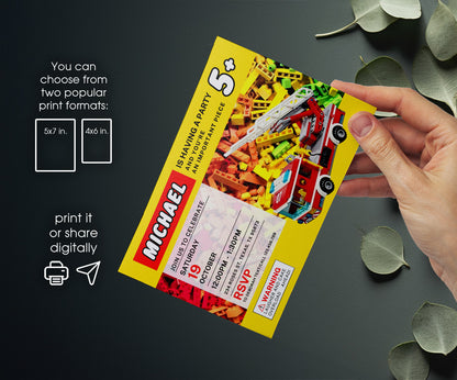 Lego Fire Truck customizable invitation template | Share or Print | boy | KO920
