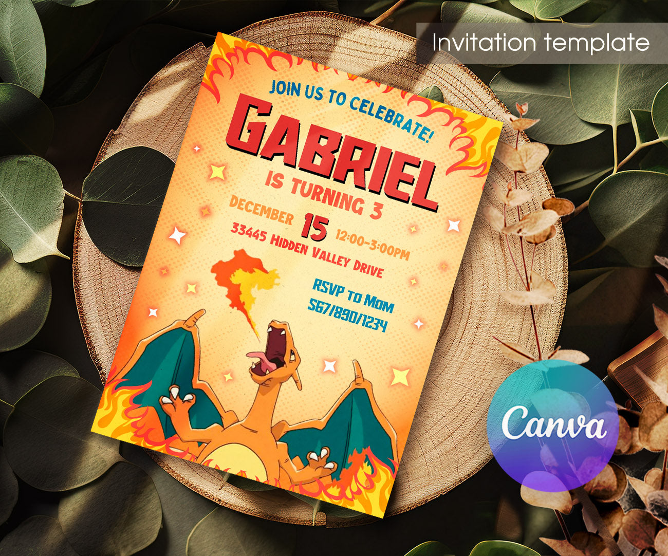 Charizard Pokemon Anime customizable invitation template | Share or Print | FS618