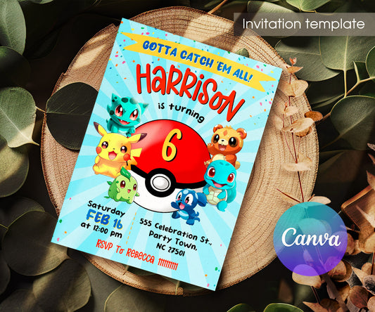 Pokemon Pikachu customizable invitation template | Share or Print | BW043