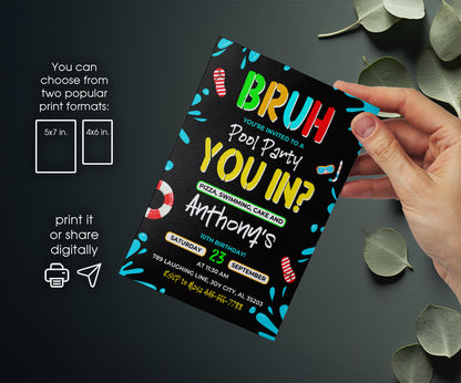 Bruh Pool customizable invitation template | Share or Print | boy | MS937
