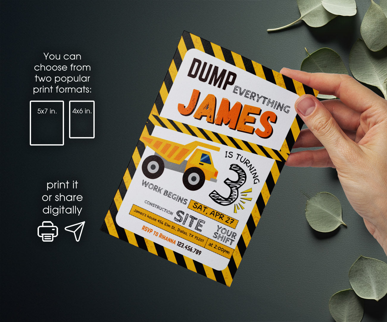 Dump Truck Construction customizable invitation template | Share or Print | boy | PL439
