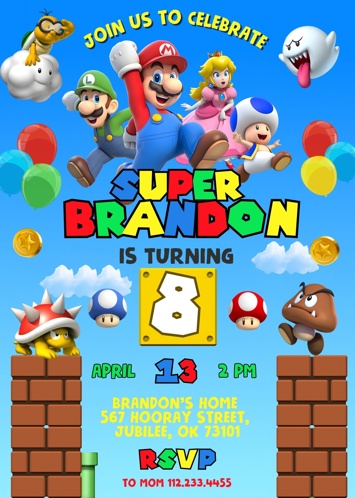 Super Mario Bros customizable invitation template | Share or Print | OI153