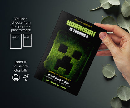 Minecraft Movie Gamer customizable invitation template | Share or Print | BY347