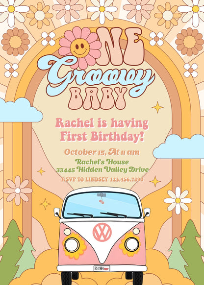 Groovy 1st Bday Hippie Van customizable invitation template | Share or Print | XM369