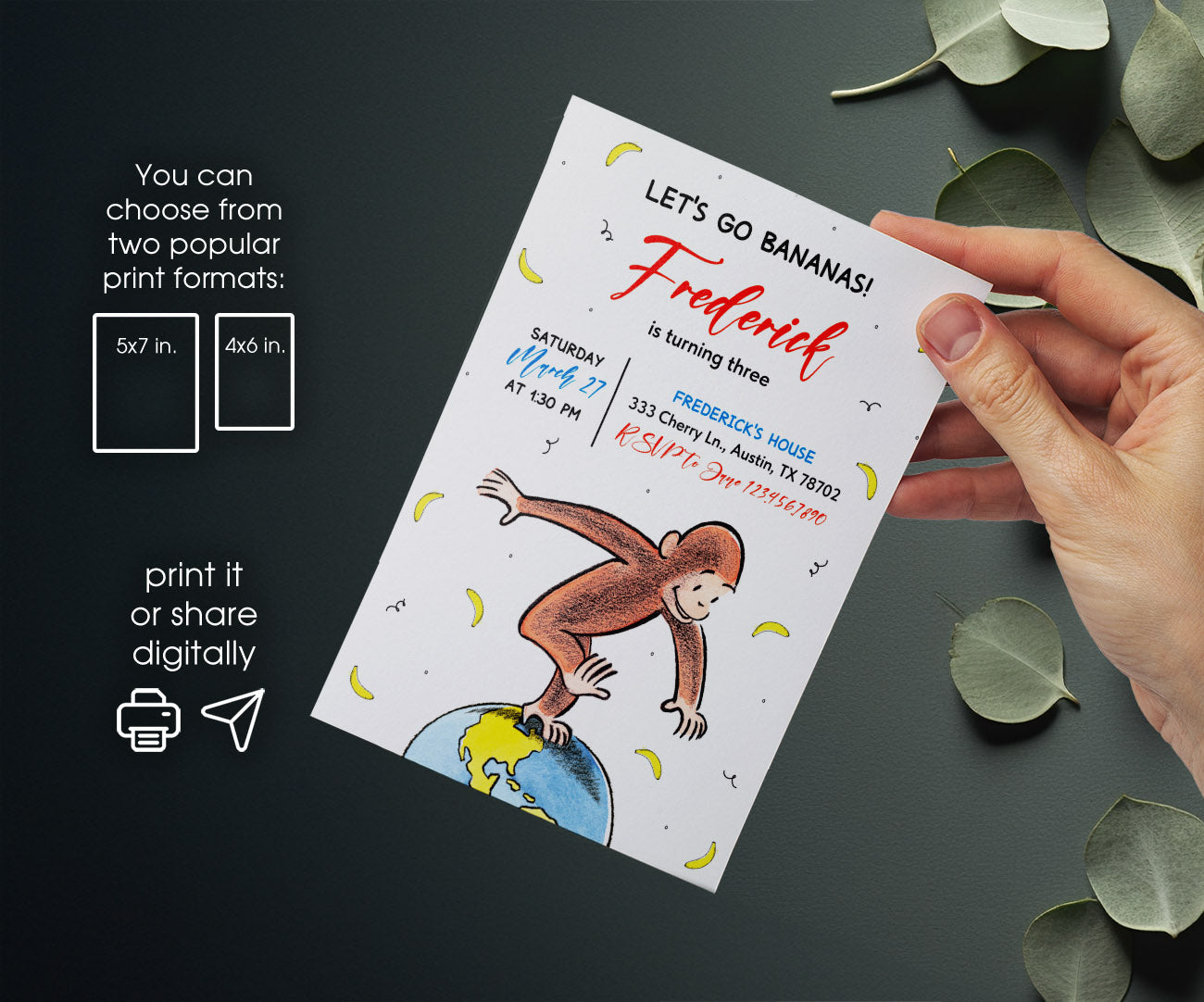 Curious George Monkey customizable invitation template | Share or Print | DU790
