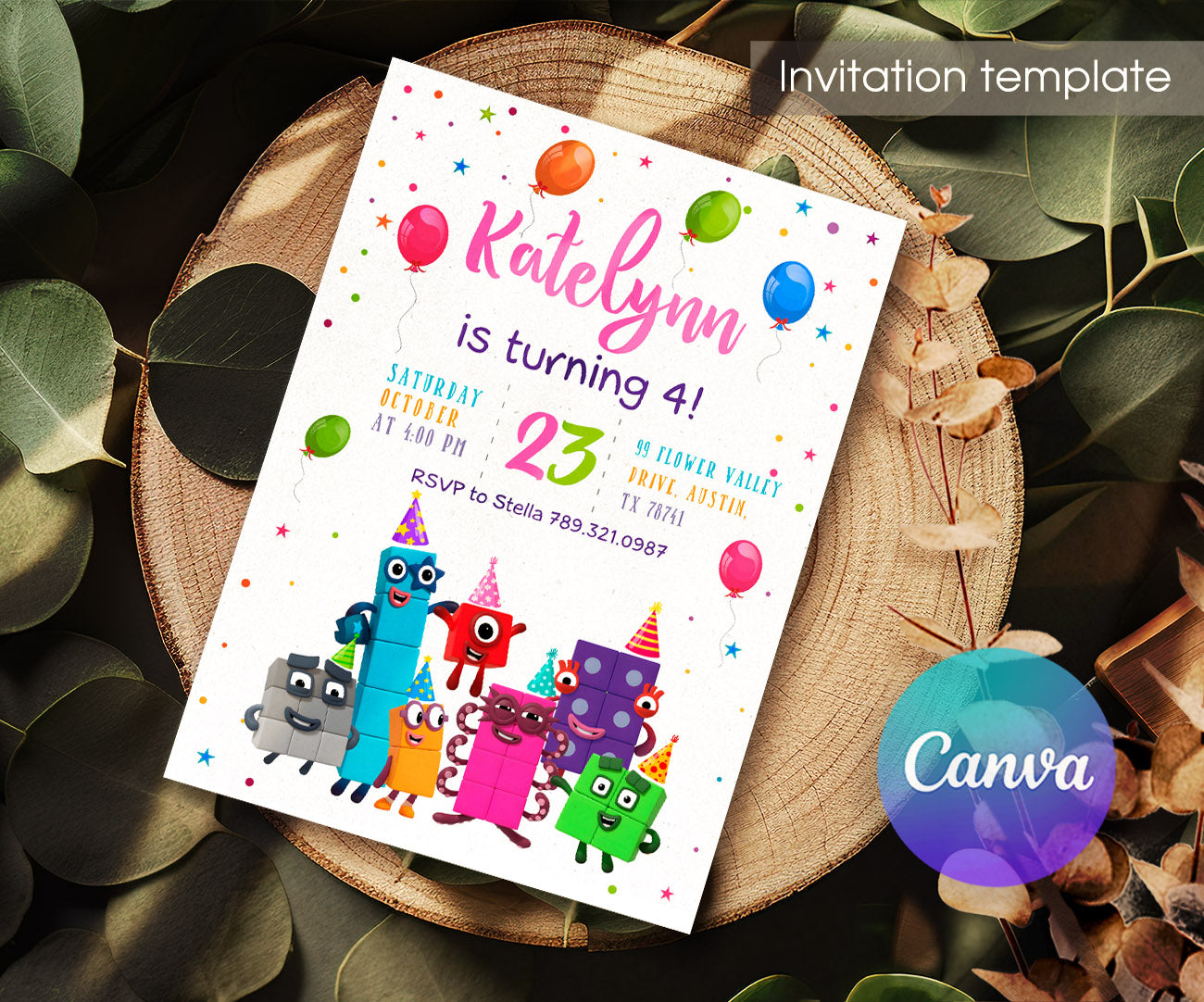 Numberblocks customizable invitation template | Share or Print | UI174