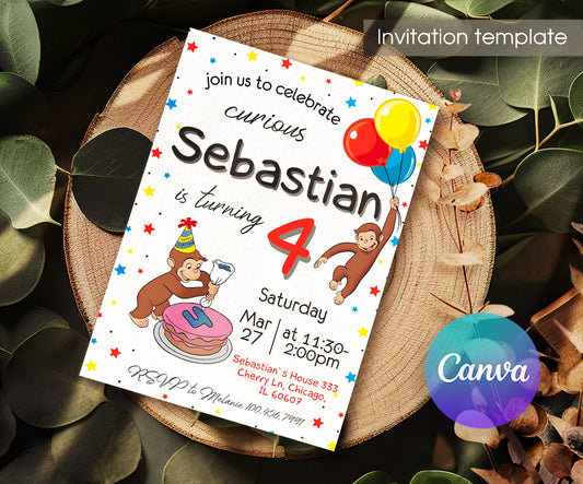 Curious George Monkey customizable invitation template | Share or Print | CD095