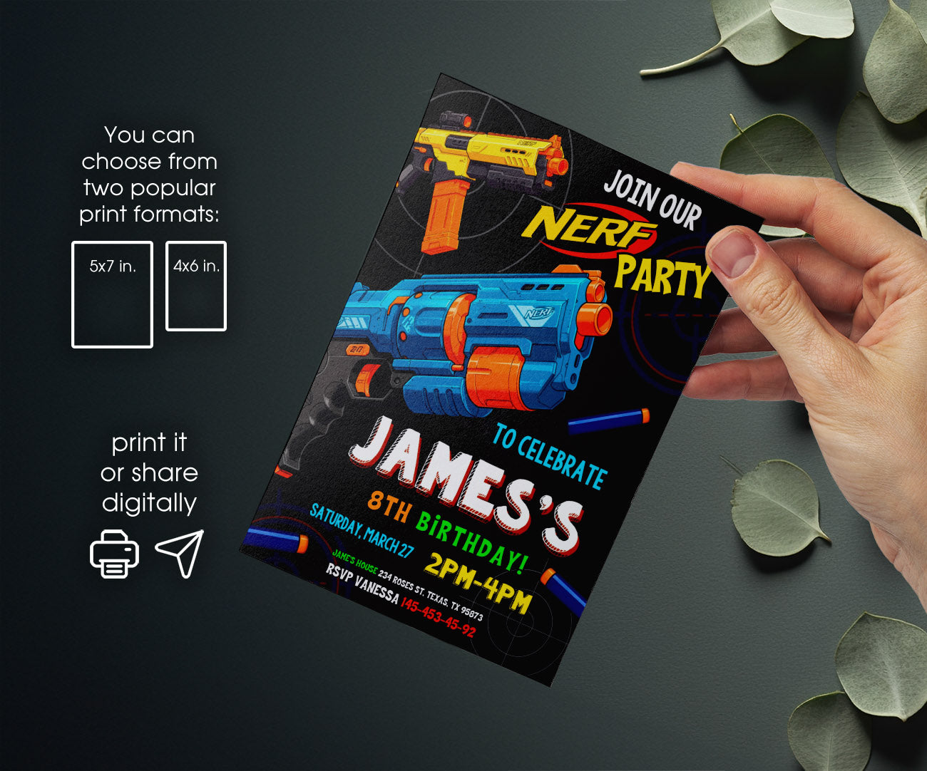 NERF Dart Wars customizable invitation template | Share or Print | boy | QG456