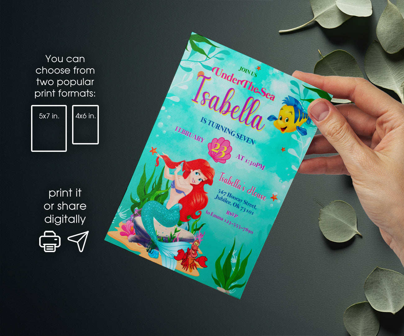 Ariel The Little Mermaid customizable invitation template | Share or Print | girl | OV972