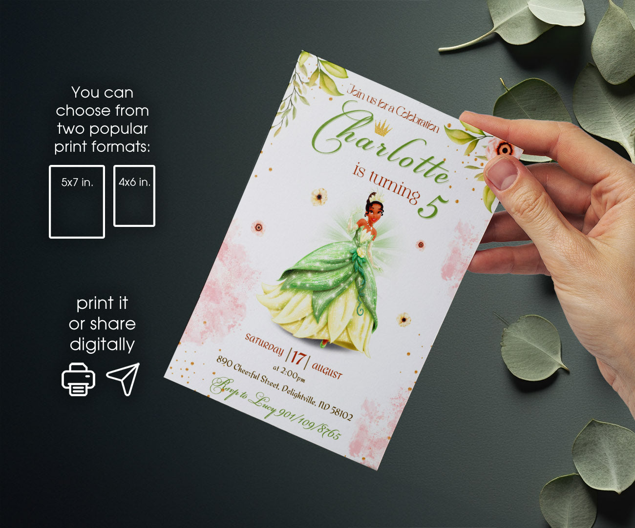 Tiana Frog Princess customizable invitation template | Share or Print | girl | SR448