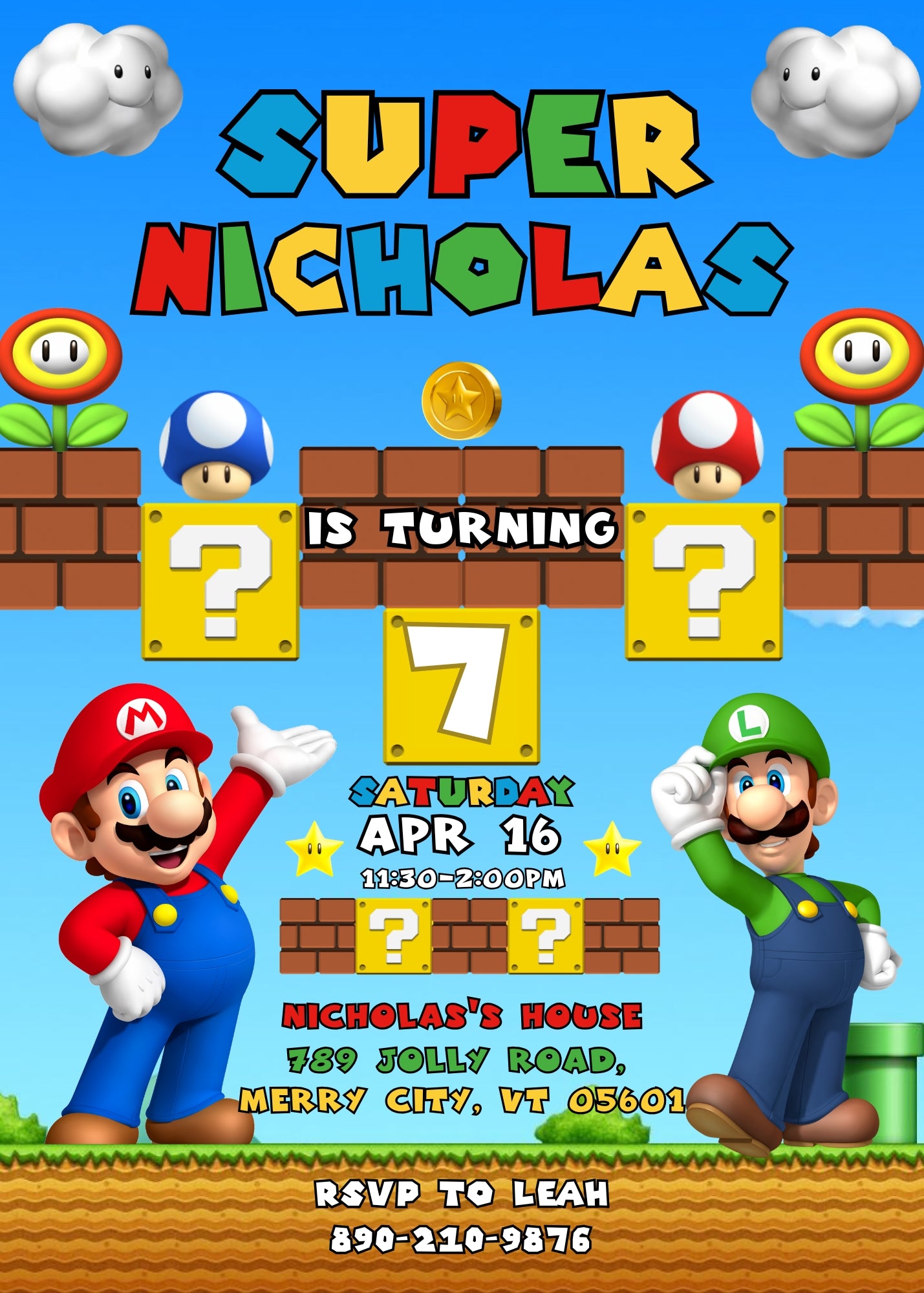 Super Mario Bros customizable invitation template | Share or Print | NU265