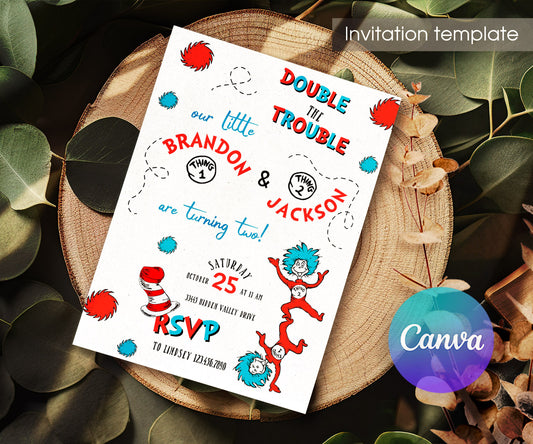 Dr Seuss The Cat in the Hat Twins customizable invitation template | Share or Print | RX346