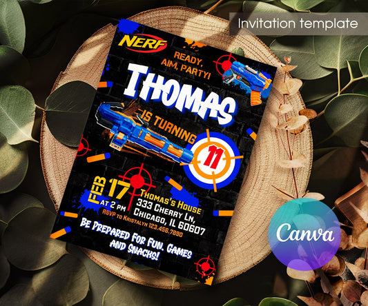NERF Dart Wars customizable invitation template | Share or Print | boy | AL192