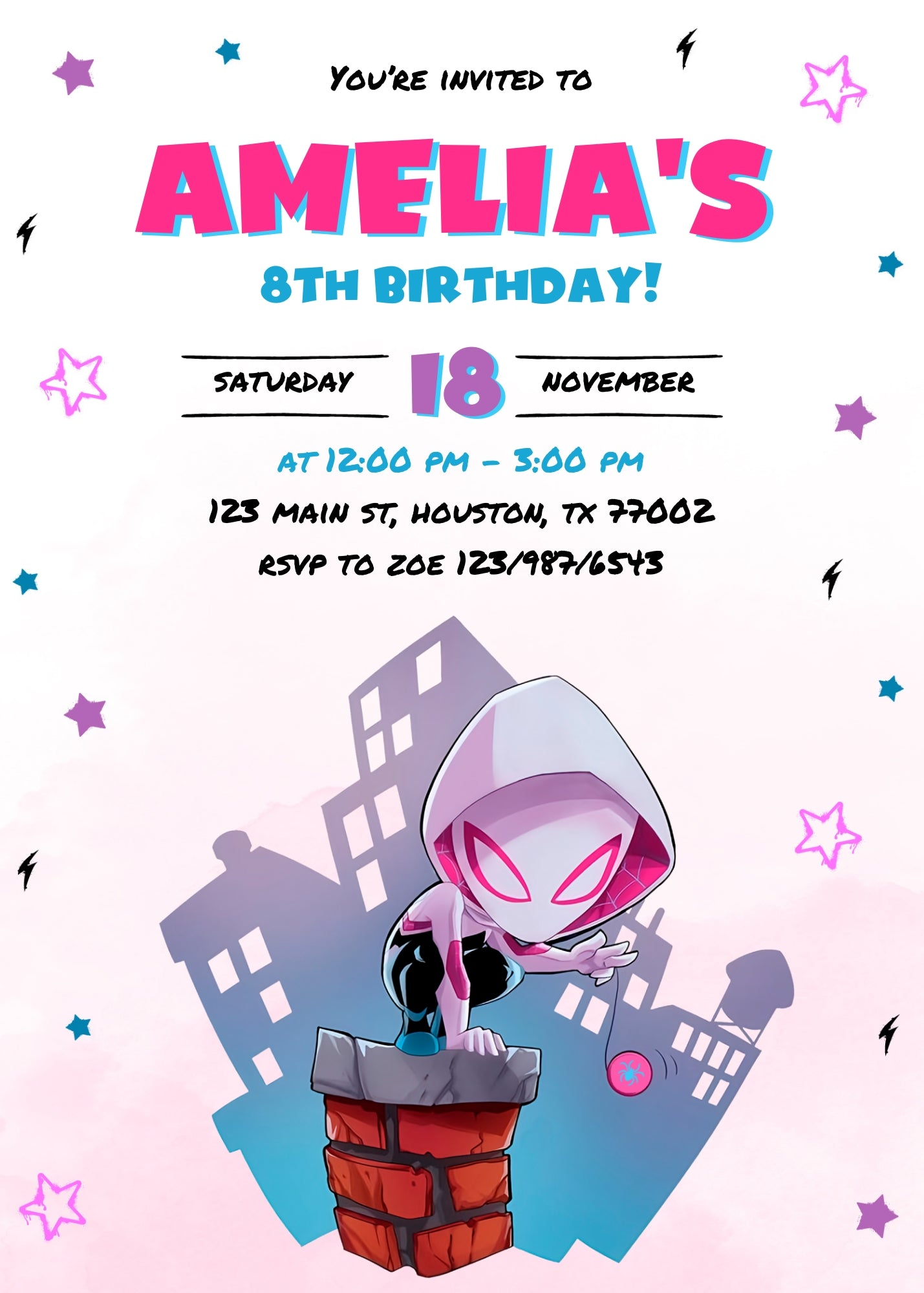 Spider Gwen Ghost Spidey customizable invitation template | Share or Print | girl | TZ135