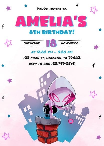 Spider Gwen Ghost Spidey customizable invitation template | Share or Print | girl | TZ135