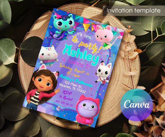 Gabby's Dollhouse Kitten customizable invitation template | Share or Print | girl | GU572
