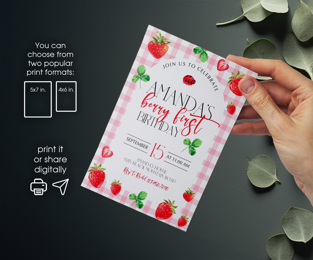 Berry First Birthday customizable invitation template | Share or Print | girl | PJ451