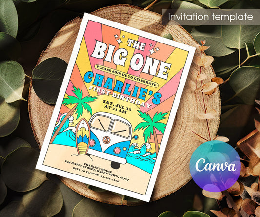 Groovy 1st Surfvan Surfing customizable invitation template | Share or Print | DM361