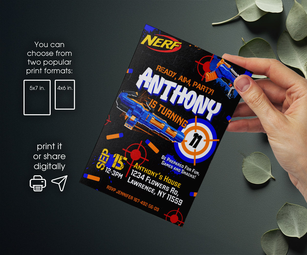 NERF Dart Wars customizable invitation template | Share or Print | boy | QX390