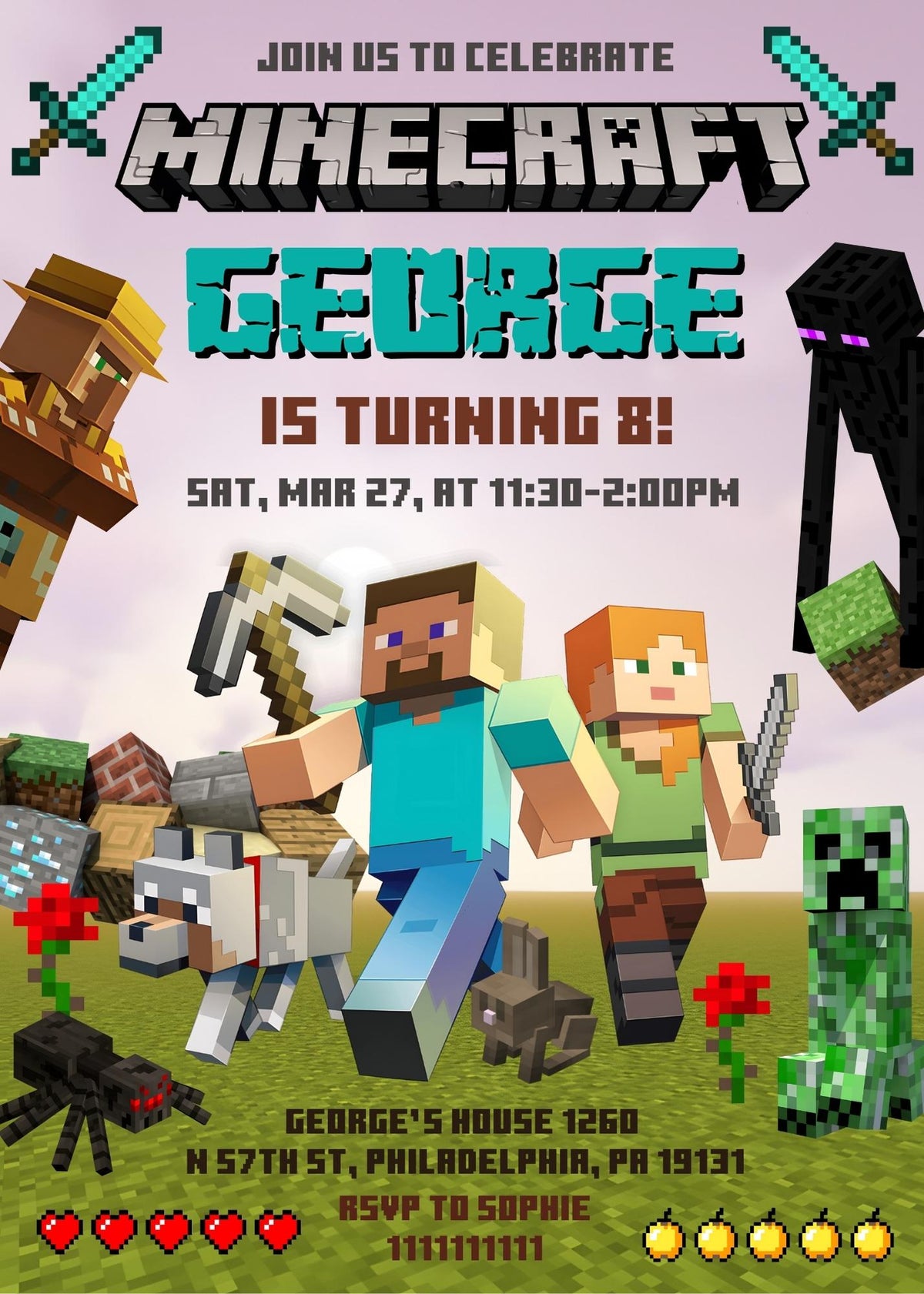 Minecraft Gamer customizable invitation template | Share or Print | IZ726