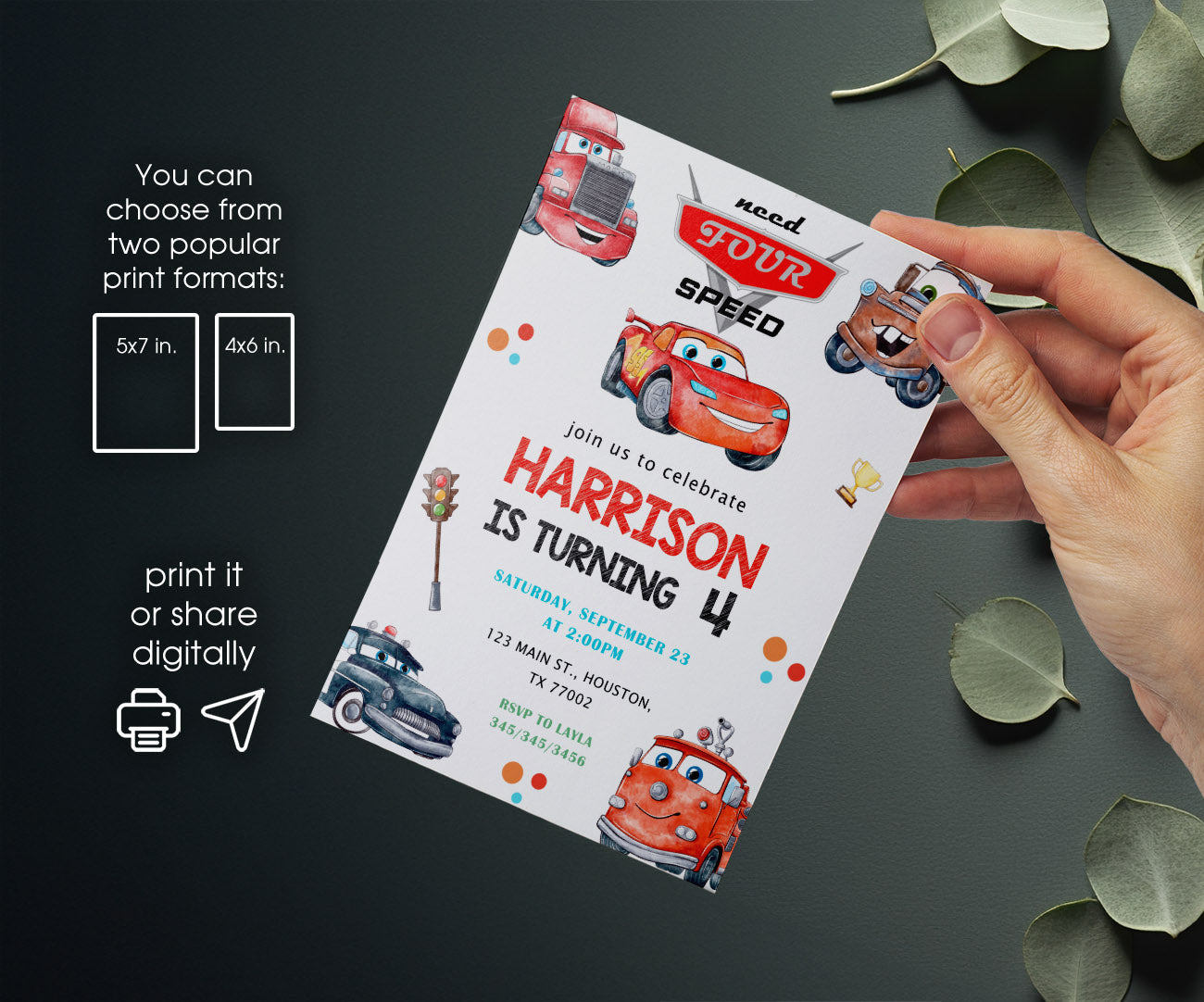 Cars Lightning Mcqueen Four customizable invitation template | Share or Print | boy | UJ289